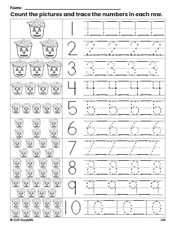 Free printable Halloween candy counting worksheet for preschool and pre-k with number tracing practice 1-10, PDF