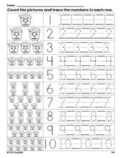 Free printable Halloween candy counting worksheet for preschool and pre-k with number tracing practice 1-10, PDF