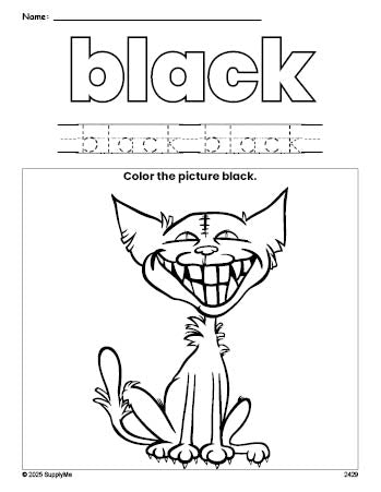 Free Halloween cat color black coloring page and color worksheet, black worksheet for preschoolers to learn colors, printable PDF