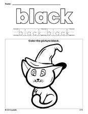 Free Halloween cat color black coloring page and color worksheet, black worksheet for preschoolers to learn colors, printable PDF