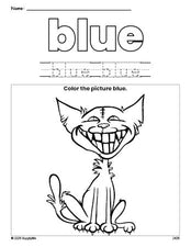 Free Halloween cat color blue coloring page and color worksheet, blue worksheet for preschoolers to learn colors, printable PDF