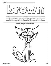 Free Halloween cat color brown coloring page and color worksheet, brown worksheet for preschoolers to learn colors, printable PDF