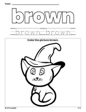 Free Halloween cat color brown coloring page and color worksheet, brown worksheet for preschoolers to learn colors, printable PDF