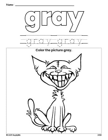 Free Halloween cat color gray coloring page and color worksheet, gray worksheet for preschoolers to learn colors, printable PDF