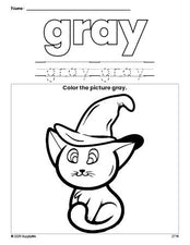 Free Halloween cat color gray coloring page and color worksheet, gray worksheet for preschoolers to learn colors, printable PDF