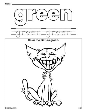 Free Halloween cat color green coloring page and color worksheet, green worksheet for preschoolers to learn colors, printable PDF