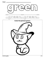 Free Halloween cat color green coloring page and color worksheet, green worksheet for preschoolers to learn colors, printable PDF