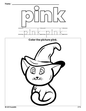 Free Halloween cat color pink coloring page and color worksheet, pink worksheet for preschoolers to learn colors, printable PDF