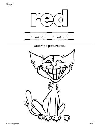 Free Halloween cat color red coloring page and color worksheet, red worksheet for preschoolers to learn colors, printable PDF