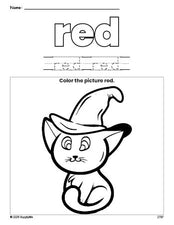 Free Halloween cat color red coloring page and color worksheet, red worksheet for preschoolers to learn colors, printable PDF