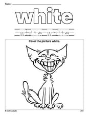 Free Halloween cat color white coloring page and color worksheet, white worksheet for preschoolers to learn colors, printable PDF