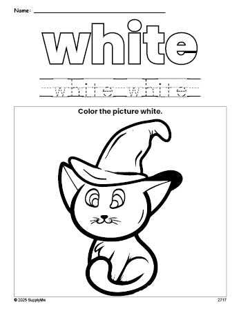 Free Halloween cat color white coloring page and color worksheet, white worksheet for preschoolers to learn colors, printable PDF