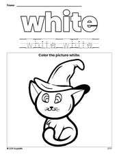 Free Halloween cat color white coloring page and color worksheet, white worksheet for preschoolers to learn colors, printable PDF