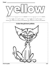 Free Halloween cat color yellow coloring page and color worksheet, yellow worksheet for preschoolers to learn colors, printable PDF