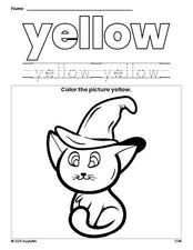 Free Halloween cat color yellow coloring page and color worksheet, yellow worksheet for preschoolers to learn colors, printable PDF