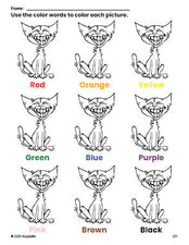 Free Halloween cat coloring page and color worksheet for preschoolers to learn colors, printable PDF