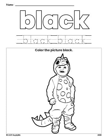 Free Halloween costume color black coloring page and color worksheet, black worksheet for preschoolers to learn colors, printable PDF