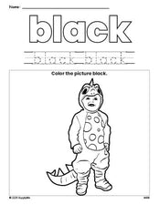 Free Halloween costume color black coloring page and color worksheet, black worksheet for preschoolers to learn colors, printable PDF