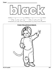 Free Halloween costume color black coloring page and color worksheet, black worksheet for preschoolers to learn colors, printable PDF