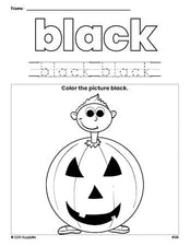 Free Halloween costume color black coloring page and color worksheet, black worksheet for preschoolers to learn colors, printable PDF