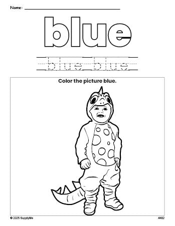 Free Halloween costume color blue coloring page and color worksheet, blue worksheet for preschoolers to learn colors, printable PDF