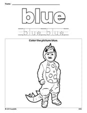 Free Halloween costume color blue coloring page and color worksheet, blue worksheet for preschoolers to learn colors, printable PDF