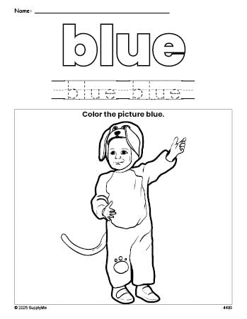 Free Halloween costume color blue coloring page and color worksheet, blue worksheet for preschoolers to learn colors, printable PDF