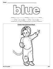 Free Halloween costume color blue coloring page and color worksheet, blue worksheet for preschoolers to learn colors, printable PDF