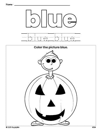 Free Halloween costume color blue coloring page and color worksheet, blue worksheet for preschoolers to learn colors, printable PDF