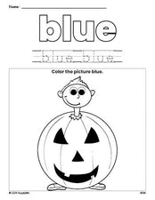 Free Halloween costume color blue coloring page and color worksheet, blue worksheet for preschoolers to learn colors, printable PDF