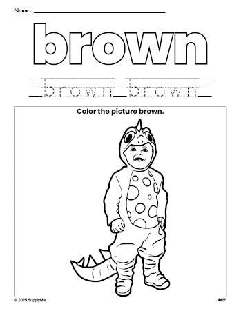 Free Halloween costume color brown coloring page and color worksheet, brown worksheet for preschoolers to learn colors, printable PDF