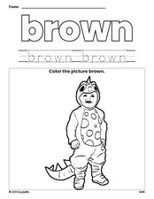 Free Halloween costume color brown coloring page and color worksheet, brown worksheet for preschoolers to learn colors, printable PDF