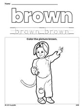 Free Halloween costume color brown coloring page and color worksheet, brown worksheet for preschoolers to learn colors, printable PDF