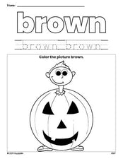 Free Halloween costume color brown coloring page and color worksheet, brown worksheet for preschoolers to learn colors, printable PDF