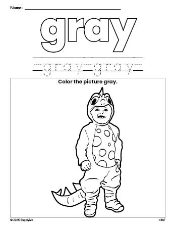 Free Halloween costume color gray coloring page and color worksheet, gray worksheet for preschoolers to learn colors, printable PDF