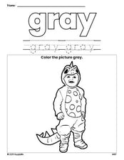 Free Halloween costume color gray coloring page and color worksheet, gray worksheet for preschoolers to learn colors, printable PDF