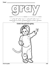 Free Halloween costume color gray coloring page and color worksheet, gray worksheet for preschoolers to learn colors, printable PDF