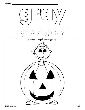 Free Halloween costume color gray coloring page and color worksheet, gray worksheet for preschoolers to learn colors, printable PDF