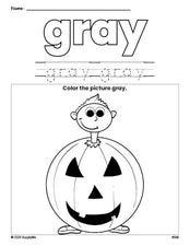 Free Halloween costume color gray coloring page and color worksheet, gray worksheet for preschoolers to learn colors, printable PDF