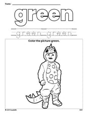 Free Halloween costume color green coloring page and color worksheet, green worksheet for preschoolers to learn colors, printable PDF