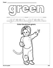 Free Halloween costume color green coloring page and color worksheet, green worksheet for preschoolers to learn colors, printable PDF