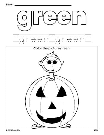 Free Halloween costume color green coloring page and color worksheet, green worksheet for preschoolers to learn colors, printable PDF