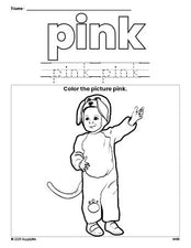 Free Halloween costume color pink coloring page and color worksheet, pink worksheet for preschoolers to learn colors, printable PDF