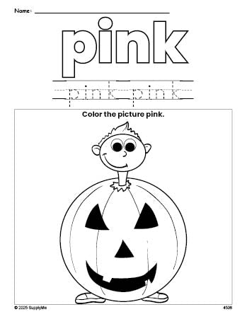 Free Halloween costume color pink coloring page and color worksheet, pink worksheet for preschoolers to learn colors, printable PDF