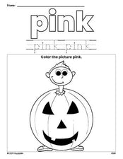 Free Halloween costume color pink coloring page and color worksheet, pink worksheet for preschoolers to learn colors, printable PDF