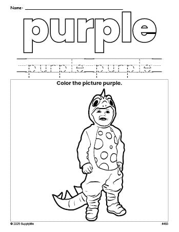 Free Halloween costume color purple coloring page and color worksheet, purple worksheet for preschoolers to learn colors, printable PDF