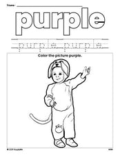 Free Halloween costume color purple coloring page and color worksheet, purple worksheet for preschoolers to learn colors, printable PDF