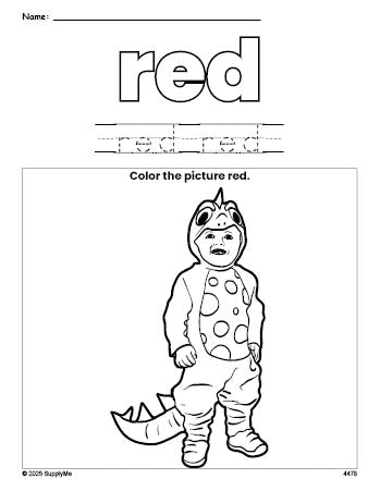 Free Halloween costume color red coloring page and color worksheet, red worksheet for preschoolers to learn colors, printable PDF