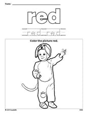 Free Halloween costume color red coloring page and color worksheet, red worksheet for preschoolers to learn colors, printable PDF