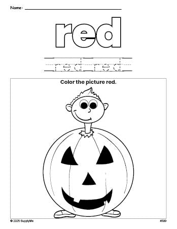 Free Halloween costume color red coloring page and color worksheet, red worksheet for preschoolers to learn colors, printable PDF